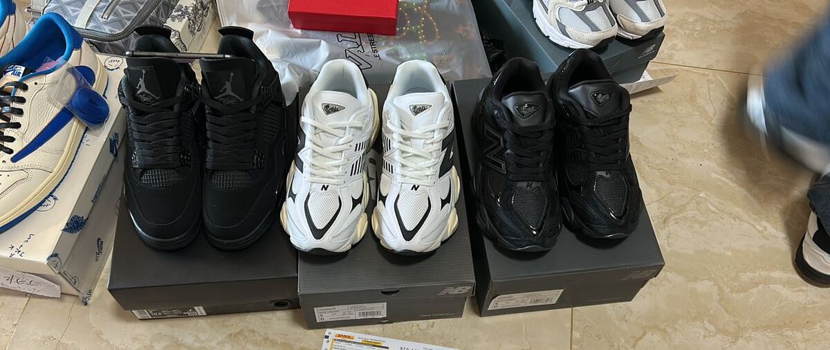 Air Jordan 4 black, New Balance 530 white, New Balance 9060 black real shipment with DHL label