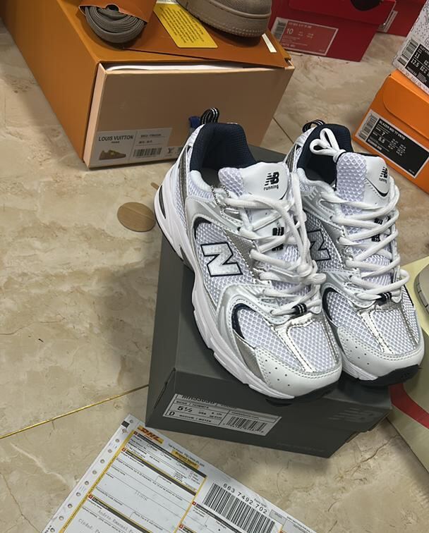 New Balance 530 white silver real photo with grey shoe box
